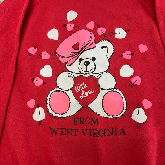 Tultex Tops - Vintage 1992 Tultex Red Womens XL Heart Teddy Bear West Virginia Sweatshirt